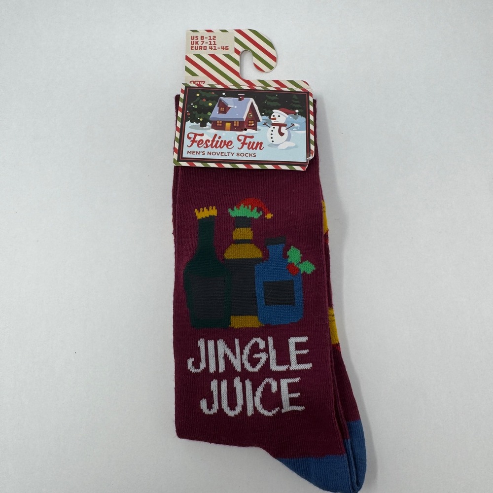 Festive Fun Mens‎ Jingle Juice Novelty Socks Burgundy Christmas Alcohol US 8-12
